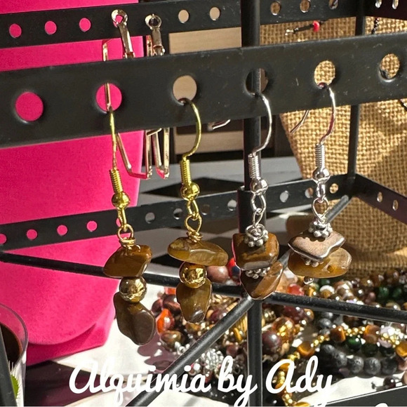 Tiger’s Eye dangle dainty long earrings / silver/gold/minimalist - Picture 5 of 5